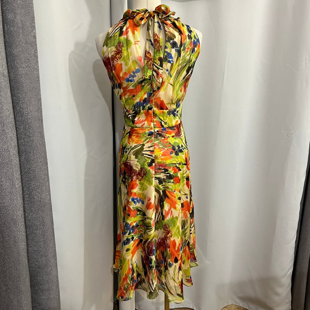 Donna Ricco Floral Midi Dress Womens 10 Yellow Abstract Ruffle Garden Artsy Chic - Picture 3 of 13